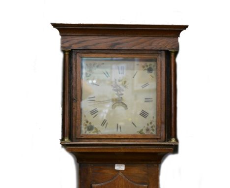 Country made oak longcase clock, square painted dial, thirty-hour movement, the case with a long door, bracket feet, 196cm.