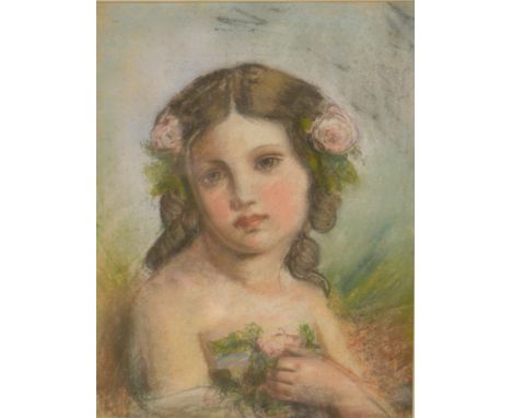 Victorian School, study of a girl, a pastel portrait, unsigned, 32 x 24.5cm; and a print of a an interior scene.