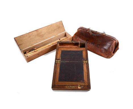 Edwardian leather Gladstone bag, three writing boxes, and a pantograph, etc.