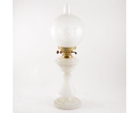 Opalene glass oil lamp with etched glass shade, 59cm including chimney.