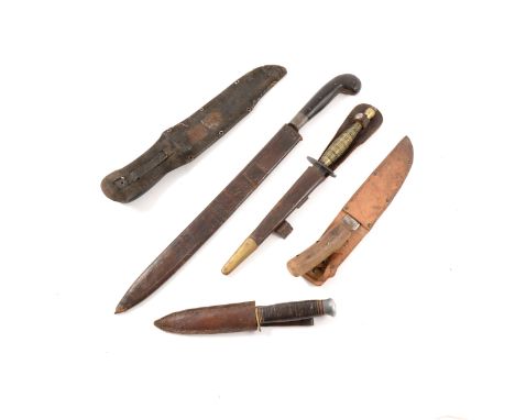 19th Century Hunters knife by Beal Sheffield, a Commando knife, leather scabbard, and five other knives.