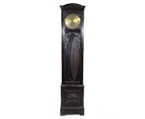 Vienna style 1930s stained oak longcase clock, circular gilt dial with Arabic numerals, above glazed door with stylised carve