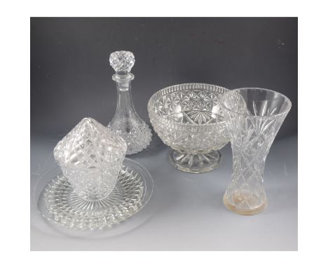 Cut glass table lamp, lantern-shape shade, conical base, 48cm; an oil lamp and other glassware