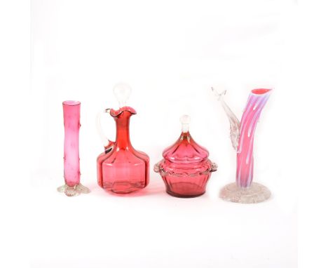 Nailsea type festooned glass flask, 19cm; ruby tinted 'tree stump' spill vase; cranberry claret jug; pair of triangular secti