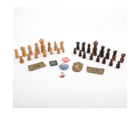 Collection of vintage badges and pin badges, military buttons, postcards and a matched chess set, St George pattern, king 7cm