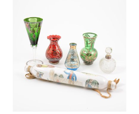 Collection of Murano coloured glass, mostly with silver or gilt decoration; silver mounted spherical scent bottle and Victori