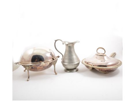A silver plated meat dish cover, large plated trays, revolvoing dish, cased 12 place and 6 place knife and fork sets and othe