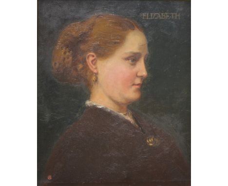 Monogrammed portrait of a lady, "Elizabeth" oil on re-lined canvas 29cm x 24cm, CA in red bottom left, in glazed wide gilt fr