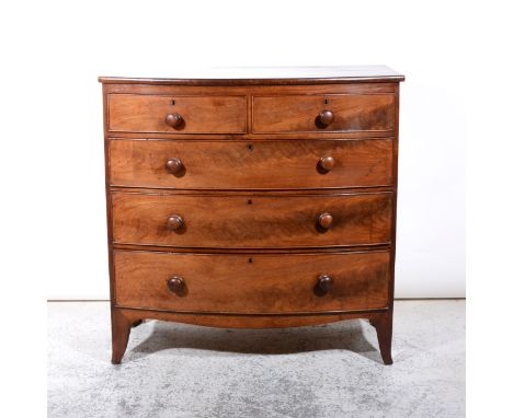 Victorian mahogany bowfront chest of drawers, fitted with two short and three long drawers, splayed bracket feet, width 103cm