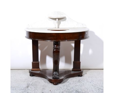 Victorian mahogany 'Duchess' washstand, demi-lune marble top with basin recess, lion paw monopod, with undertier, width 88cm.
