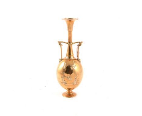 A Japanese polished bronze two handled vase with relief decoration of flying birds, height 29cm.