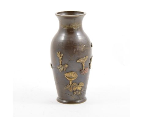 Japanese inlaid bronze vase, baluster shape, decorated with waterlilies and other tendrils, losses, 15cm