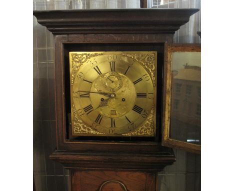 18TH CENTURY 8 DAY BRASS FACED SHROPSHIRE LONGCASE CLOCK marked 'Webster ,Salop', the case having moulded flat hood above squ