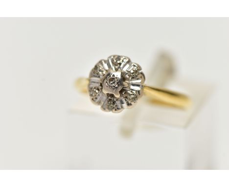 A DIAMOND CLUSTER RING, set with a principal single cut diamond, within an old cut diamond surround, to the tapering shoulder