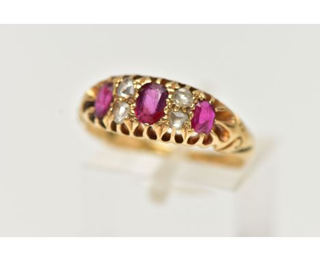 AN EARLY 20TH CENTURY 18CT GOLD RUBY AND DIAMOND RING, three oval cut rubies set with four rose cut diamonds, prong set in ye