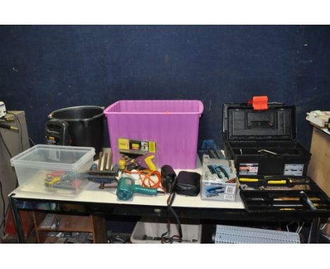 TWO TOOLBOXES AND TWO TRAYS CONTAINING TOOLS including a Record Vice, a Halfords Battery charger a Sander, a Black and Decker