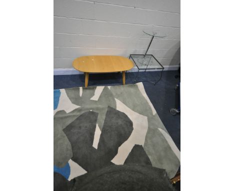 A SELECTION OF OCCASIONAL FURNITURE, to include a rug with geometric patterns, 237cm x 171cm, a light oak oval coffee table, 