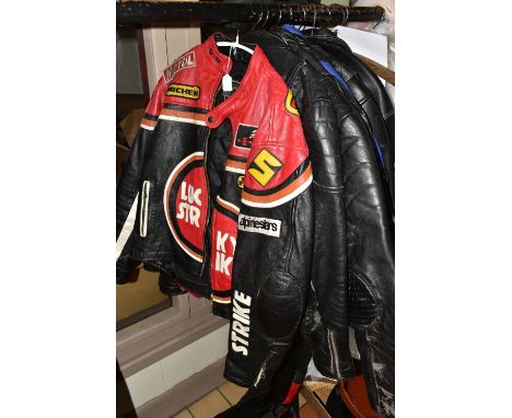 SEVEN VINTAGE LEATHER MOTORCYCLE JACKETS, comprising a medium sized red and black leather protective jacket decorated with 'L