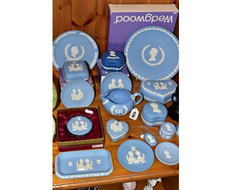 A COLLECTION OF WEDGWOOD ROYAL COMMEMORATIVE JASPERWARES, mainly pale blue, to include a boxed Wedgwood Glass cameo paperweig