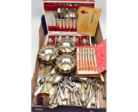 A BOX OF ASSORTED WHITE METAL WARE, to include a three bowl nut dish, a cased set of six tea knives, a canteen of 'Samuel' EN