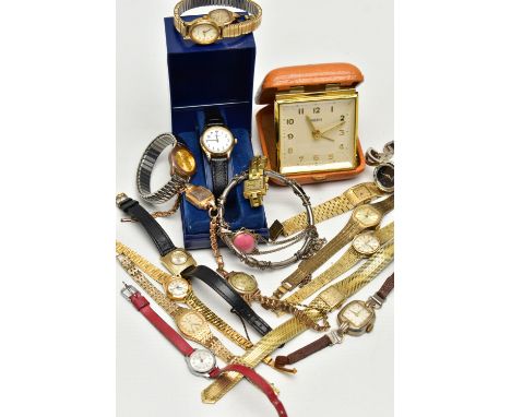 A SMITHS TRAVEL CLOCK, A SELECTION OF WRISTWATCHES AND JEWELLERY, to include a 'Smiths' travel clock with square cream dial, 