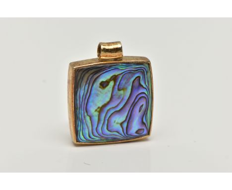 A MOTHER OF PEARL PENDANT, designed as a square shape panel with mother of pearl panel front and back, within a plain polishe