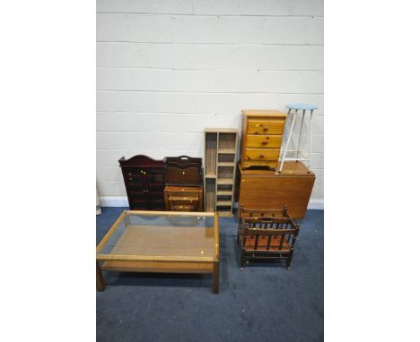 A SELECTION OF OCCASIONAL FURNITURE, to include a mid-century teak gate leg table, a pine chest of three drawers, a mid-centu