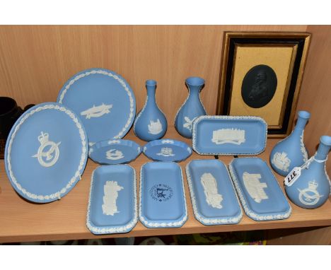 A COLLECTION OF WEDGWOOD JASPER WARES, mainly pale blue, to include a bud vase and 16.5cm plate with sprigged Royal Air Force