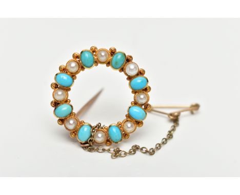 A YELLOW METAL TURQUOISE AND CULTURED PEARL BROOCH, of circular wreath design, set with alternating oval greenish blue turquo