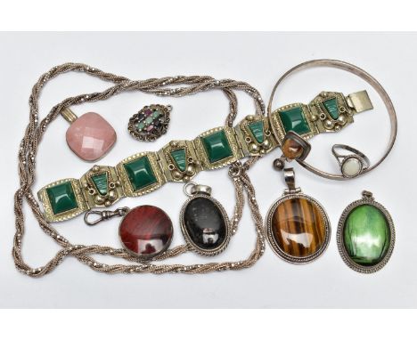 A COLLECTION OF SILVER AND WHITE METAL GEM SET JEWELLERY, to include a tiger's eye bangle, Swedish hallmarks, 1973, sponsors 