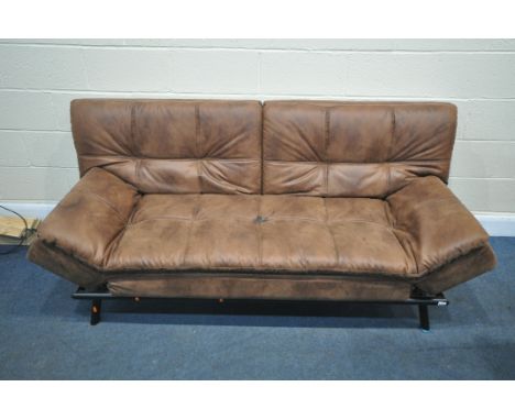 A FAUX LEATHER SOFA BED, with drop end and back rests, on a tubular metal frame, overall length 188cm (condition - some stain