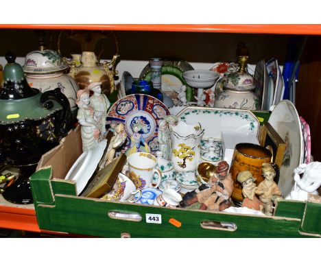 TWO BOXES AND LOOSE CERAMICS, to include a late Victorian Jackfield samovar, with twin handles and brass tap, three modern Or