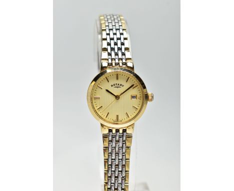 A LADIES 'ROTARY' QUARTZ WRISTWATCH, round cream textured dial signed 'Rotary', baton markers, date window at the three o'clo