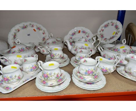 A ROYAL ALBERT 'COLLEEN' PATTERN DINNER SET, comprising three covered tureens, one meat plate, one bread and butter plate, on