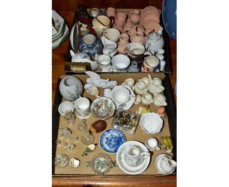 TWO BOXES OF MINIATURE CERAMICS, GLASSWARES AND SUNDRIES, to include a miniature Coalport octagonal bowl in the Indian Tree p