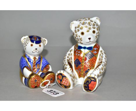 TWO ROYAL CROWN DERBY TEDDY BEAR PAPERWEIGHTS, comprising Teddy Bear (Blue Bow Tie), height 12cm, introduced in 1997, retired