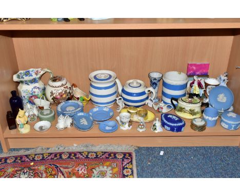 A COLLECTION OF ASSORTED CERAMICS, comprising three pieces of Cornish Ware, teapot, lidded cannister and utensil pot (crazing