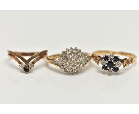 THREE 9CT GOLD DIAMOND AND GEM SET RINGS, to include a single cut diamond tiered cluster ring, estimated/stated total diamond