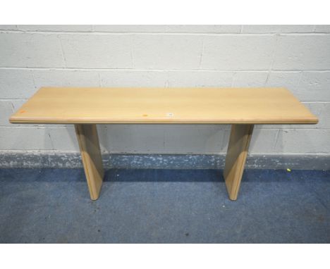 A DANISH STYLE LIGHT ASH CONSOLE SIDE TABLE, with a fold over extending top, on twin legs, length 160cm x open depth 80cm x c