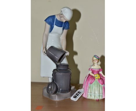 A BING &amp; GRONDAHL COPENHAGEN PORCELAIN GIRL WITH MILK CAN FIGURINE, back stamp 2181 VO, designed by Axel Locher (1879-194