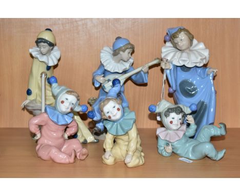 SIX LLADRO NAO CLOWNS, comprising 'Young Clown With Mandolin' 1078, sculpted by Antonio Ramos (Mandolin loose), 'Pierrot Hold