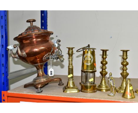 A LARGE QUANTITY OF BRASSWARE, comprising an Eccles miner's safety lamp type 6, seven brass candle sticks, two brass oil lamp