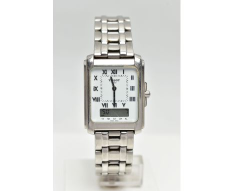 A BOXED GENTS 'TISSOT' WRISTWATCH, tank white dial signed 'Tissot 1853', Roman numerals, digital display beneath the Roman nu