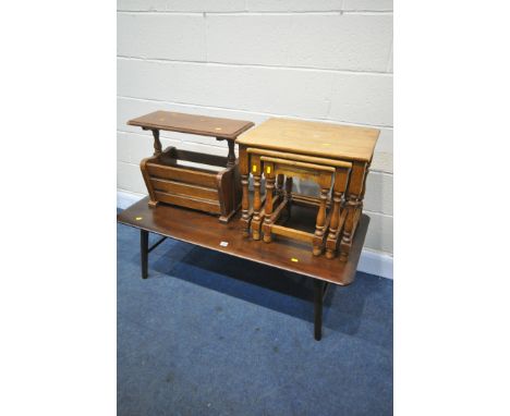 AN ERCOL STYLE COFFEE TABLE, width 121cm x depth 61cm x height 40cm, along with an oak nest of three tables, and a magazine r