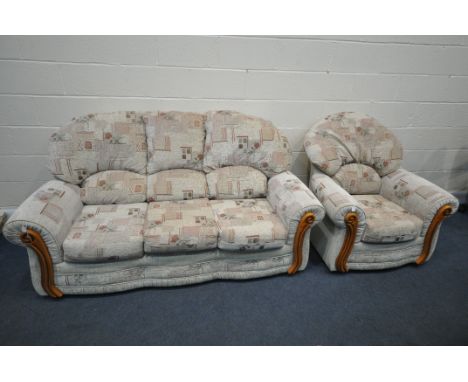 AN OATMEAL UPHOLSTERED TWO PIECE LOUNGE SUITE, comprising a three seater sofa, length 188cm, along with an armchair (2)