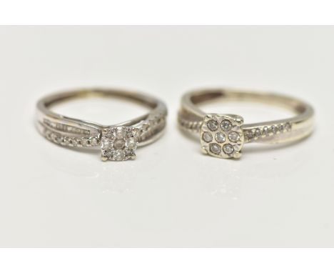 TWO DIAMOND RINGS, to include a 9ct white gold diamond cluster ring, set with round brilliant cut diamonds, hallmarked Sheffi