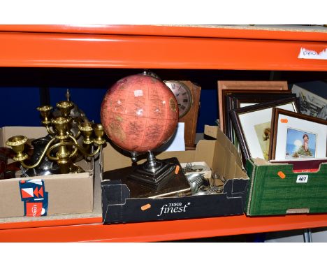 THREE BOXES OF METALWARE AND FRAMED PRINTS, to include a pair of gold gilt candelabras, silver plate sugar server and milk ju