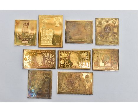 NINE SILVER STAMP INGOTS, all silver gilt replica stamps, six from the Empire collection including Malta Five Shillings, Cypr