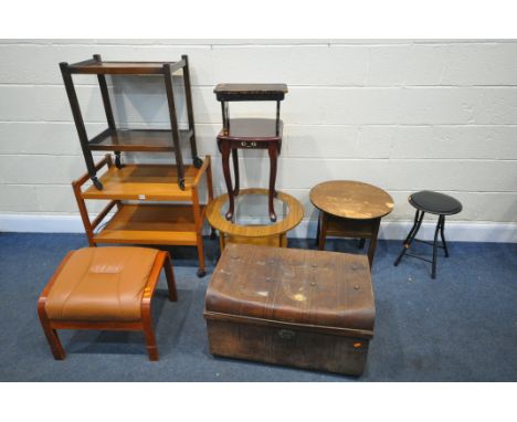 A SELECTION OF OCCASIONAL FURNITURE, to include a teak two tier tea trolley, an oak trolley, an oak sewing box with small amo