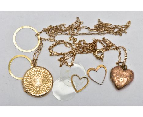 TWO LOCKET PENDANT NECKLACES, the first a gold front and back heart shaped locket, detailed with a foliage design, suspended 